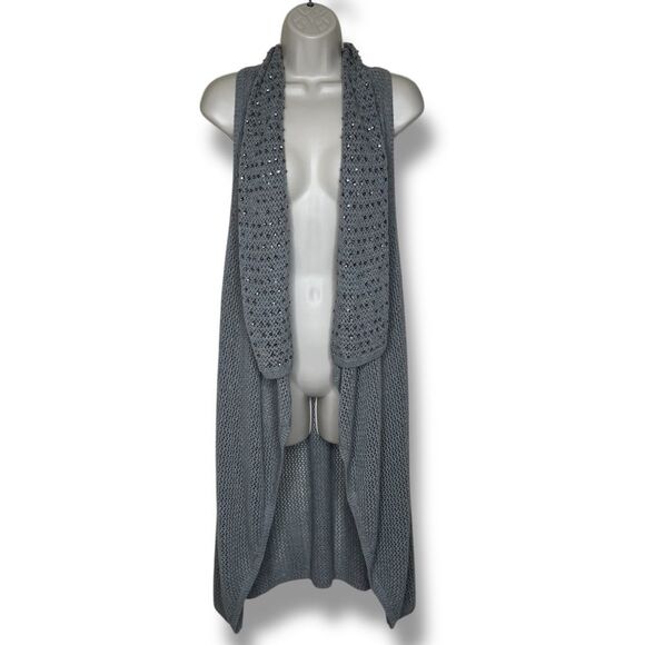 Lane Bryant Gray Duster Vest Waterfall Neck Sequin Beads Open Weave Women 14/16 - Picture 1 of 11